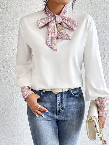 Plaid Print Tie Neck Blouse