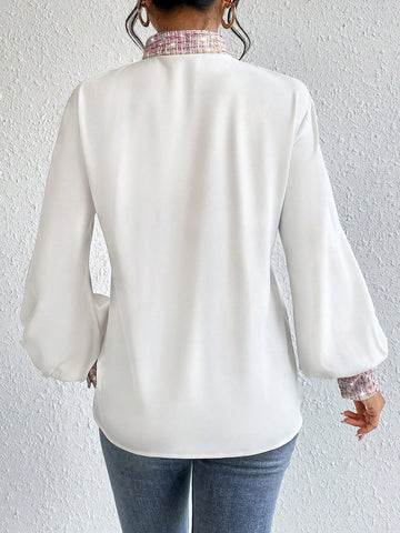 Plaid Print Tie Neck Blouse