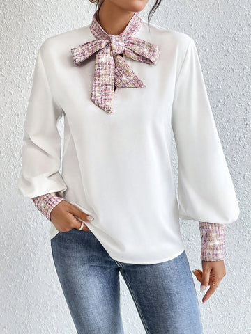 Plaid Print Tie Neck Blouse