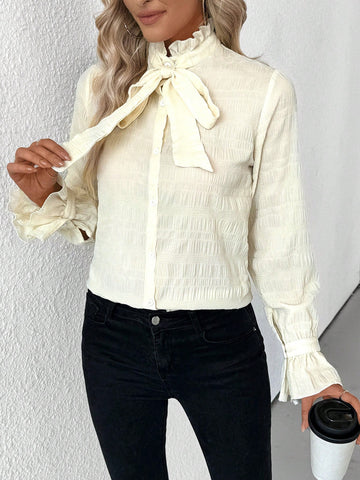 Privé Plain Color Bowknot Versatile Blouse, Spring & Autumn