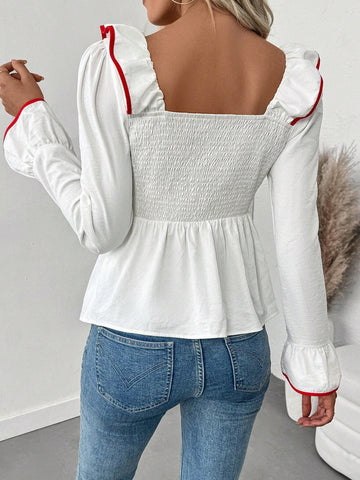 Privé Plain Color Ruffle Collar Contrast Bind Bow Tie Long Sleeve Loose Fit Blouse