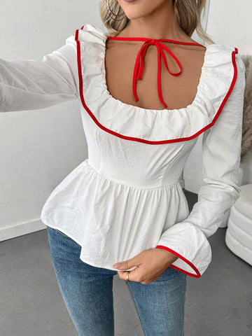 Privé Plain Color Ruffle Collar Contrast Bind Bow Tie Long Sleeve Loose Fit Blouse