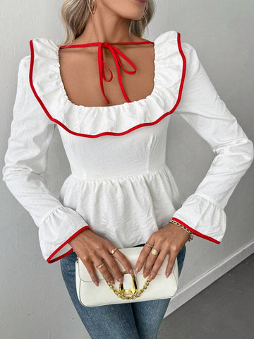 Privé Plain Color Ruffle Collar Contrast Bind Bow Tie Long Sleeve Loose Fit Blouse