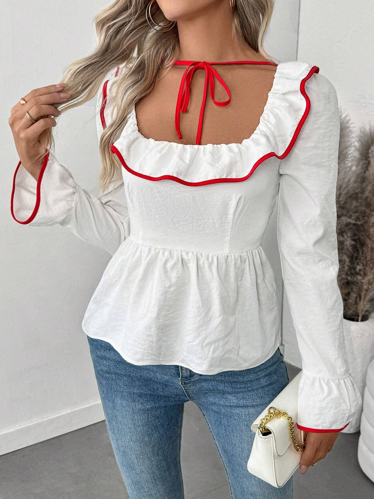 Privé Plain Color Ruffle Collar Contrast Bind Bow Tie Long Sleeve Loose Fit Blouse