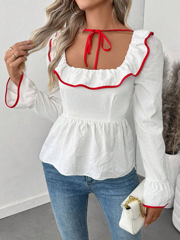 Privé Plain Color Ruffle Collar Contrast Bind Bow Tie Long Sleeve Loose Fit Blouse