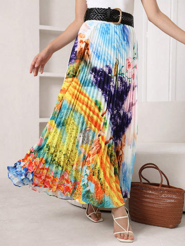 Privé Plants Print Pleated Skirt Without Belt