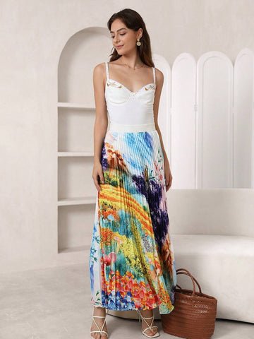Privé Plants Print Pleated Skirt Without Belt