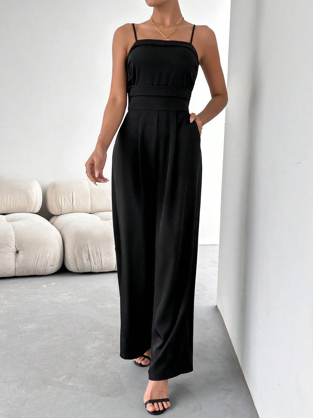 Pleated Cami Pocket Wide Leg Jumpsuit
