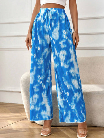 Privé Pleated Tie Dye Printed Wide Leg Loose Pants