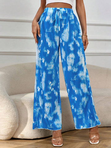 Privé Pleated Tie Dye Printed Wide Leg Loose Pants