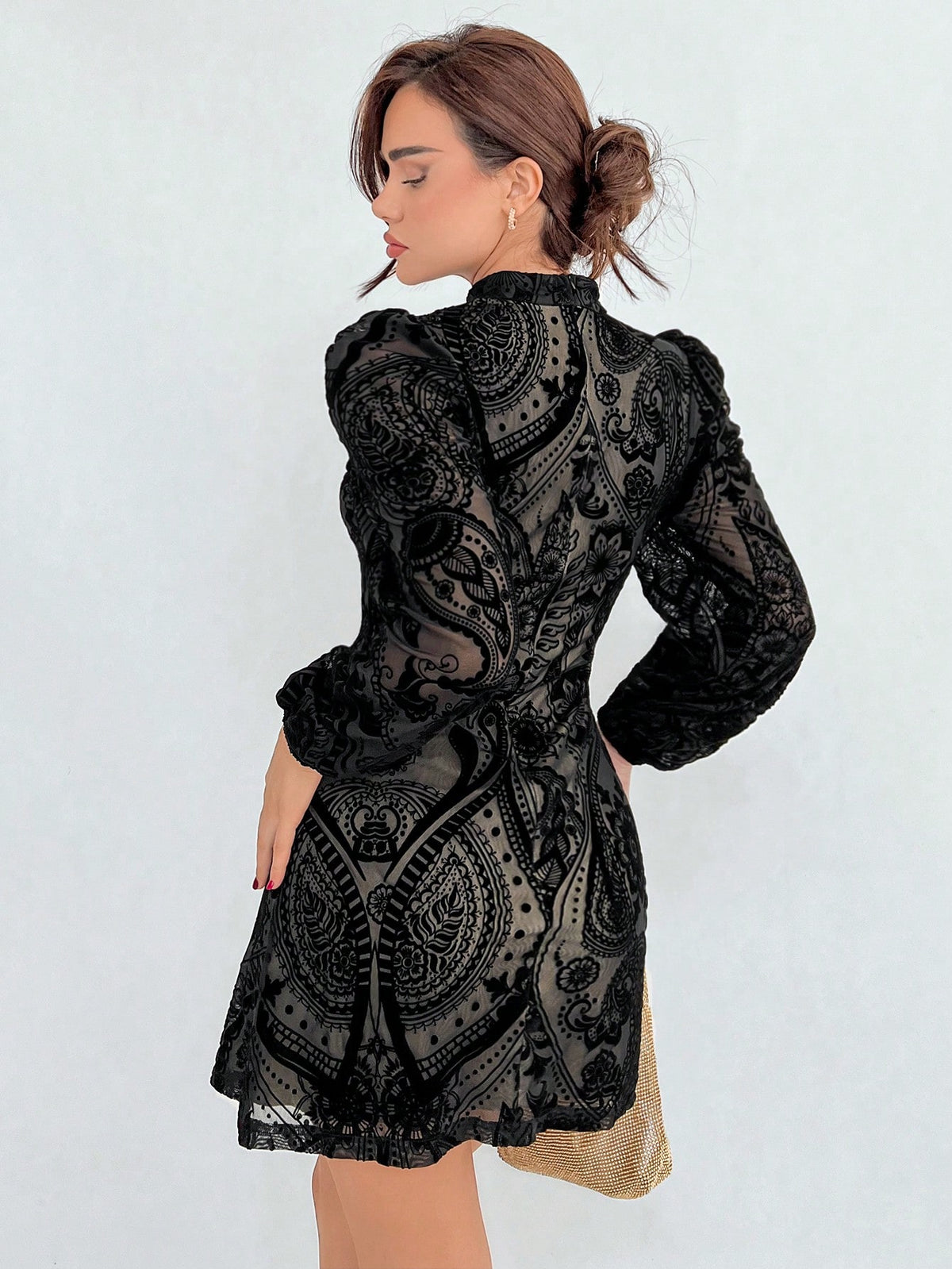 Plush Gathered Waist Elegant Puff Sleeve Dress