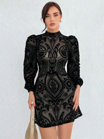 Plush Gathered Waist Elegant Puff Sleeve Dress