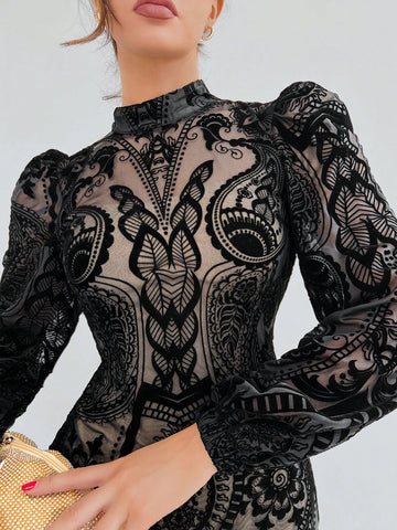 Plush Gathered Waist Elegant Puff Sleeve Dress