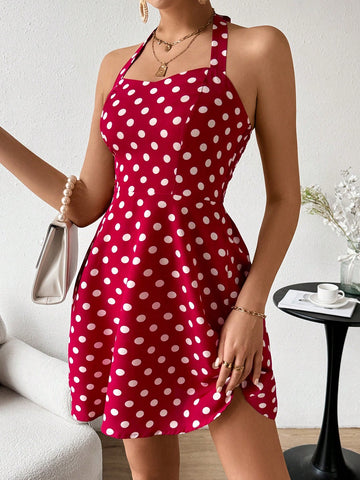 Polka Dot Print Halter Neck Dress