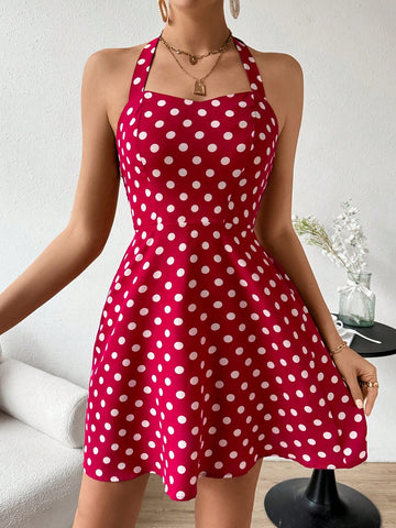 Polka Dot Print Halter Neck Dress