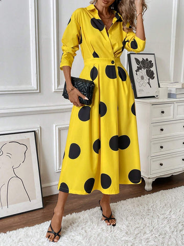 Polka Dot Print Long Sleeve Elegant Dress For Women