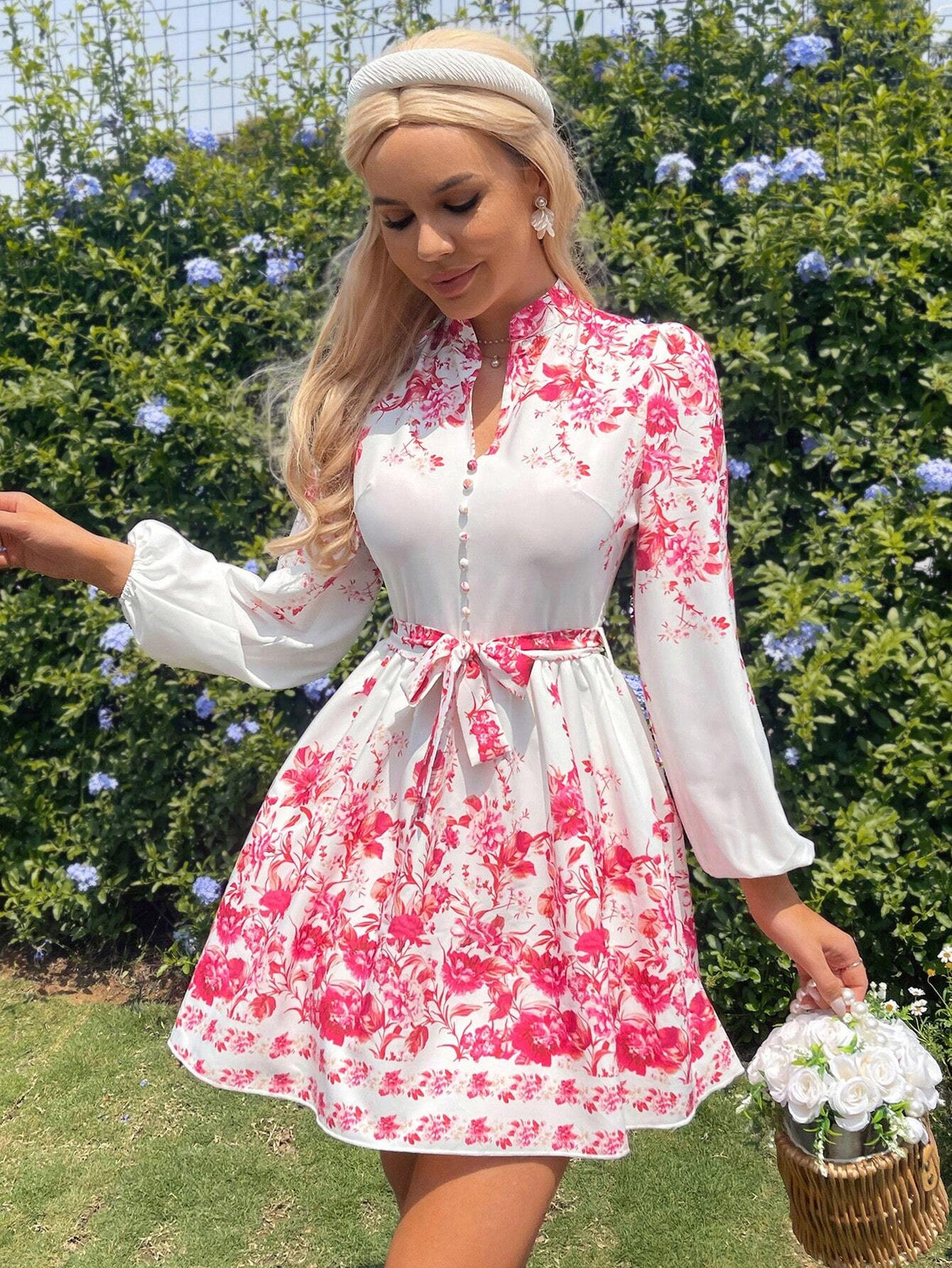 Positioning Flower Printed Lantern Sleeve Waist-Tie Elegant Dress, Spring/Summer