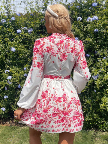 Positioning Flower Printed Lantern Sleeve Waist-Tie Elegant Dress, Spring/Summer