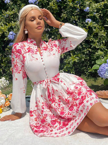 Positioning Flower Printed Lantern Sleeve Waist-Tie Elegant Dress, Spring/Summer