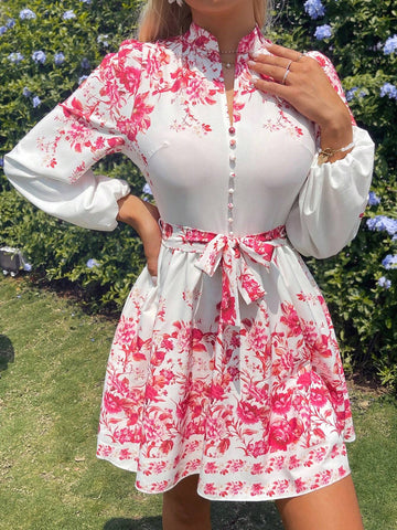 Positioning Flower Printed Lantern Sleeve Waist-Tie Elegant Dress, Spring/Summer