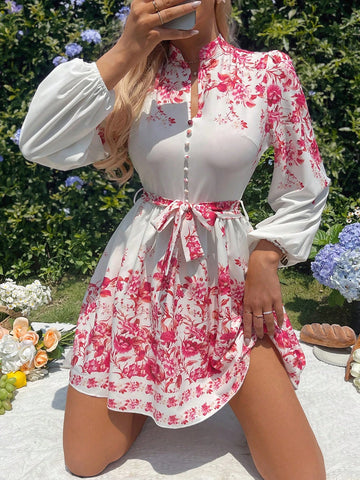 Positioning Flower Printed Lantern Sleeve Waist-Tie Elegant Dress, Spring/Summer