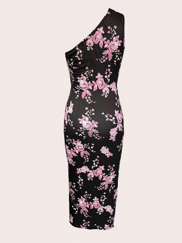 Printed Irregular Cut-Out Sleeveless Dress With Thigh High Slit, Floral Print & Pleated Design For