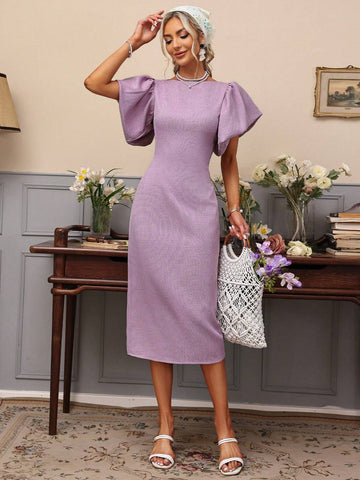 Puff Sleeve Cinching Waist Split Hem Dress