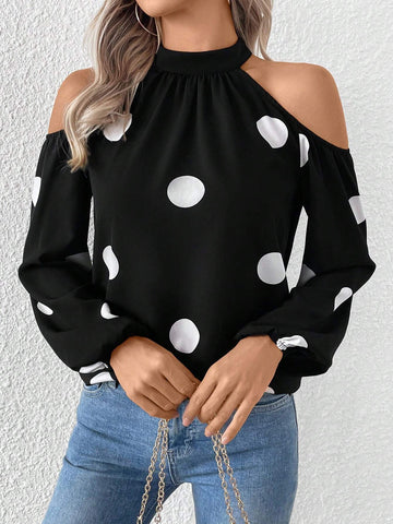 Privé Pullover Bowknot Collar Design Open Shoulder Polka Dot Print Blouse, Elegant & Versatile For Daily Wear