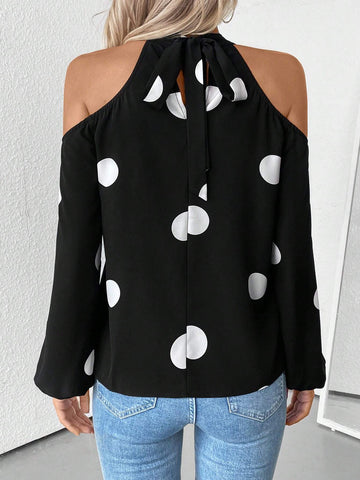Privé Pullover Bowknot Collar Design Open Shoulder Polka Dot Print Blouse, Elegant & Versatile For Daily Wear