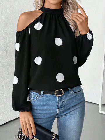 Privé Pullover Bowknot Collar Design Open Shoulder Polka Dot Print Blouse, Elegant & Versatile For Daily Wear