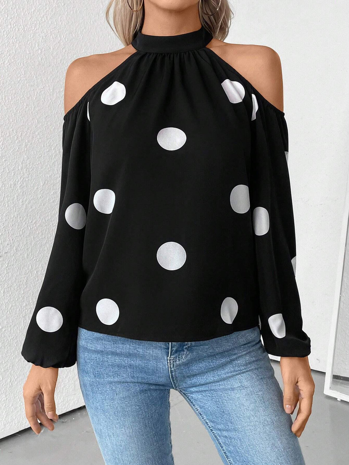 Privé Pullover Bowknot Collar Design Open Shoulder Polka Dot Print Blouse, Elegant & Versatile For Daily Wear