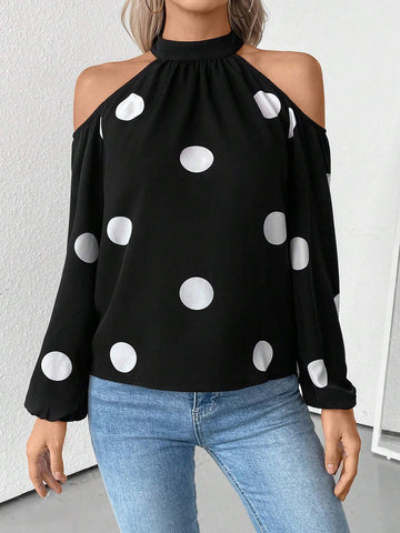 Privé Pullover Bowknot Collar Design Open Shoulder Polka Dot Print Blouse, Elegant & Versatile For Daily Wear