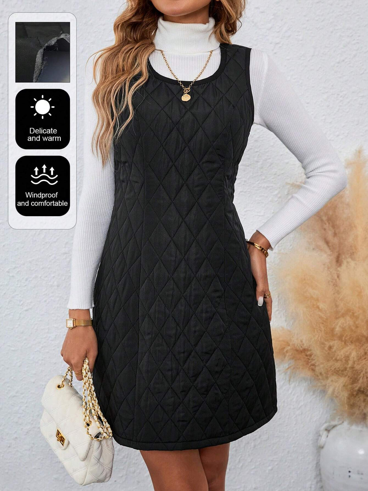 Quilted Diamond Pattern Crew Neck Sleeveless Cinched Waist Dress, Warm And Windproof