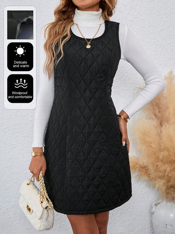 Quilted Diamond Pattern Crew Neck Sleeveless Cinched Waist Dress, Warm And Windproof