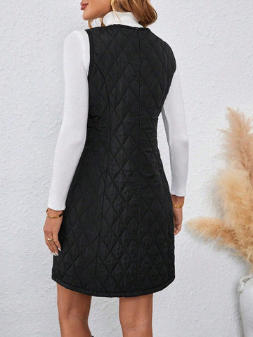 Quilted Diamond Pattern Crew Neck Sleeveless Cinched Waist Dress, Warm And Windproof