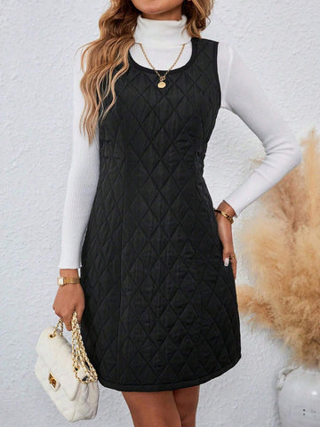 Quilted Diamond Pattern Crew Neck Sleeveless Cinched Waist Dress, Warm And Windproof