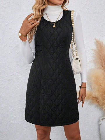 Quilted Diamond Pattern Crew Neck Sleeveless Cinched Waist Dress, Warm And Windproof