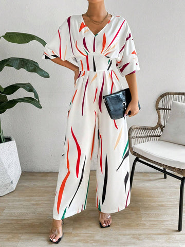 Rainbow Stripe Printed V-Neck Batwing Sleeve Women's Jumpsuit With Wide Leg