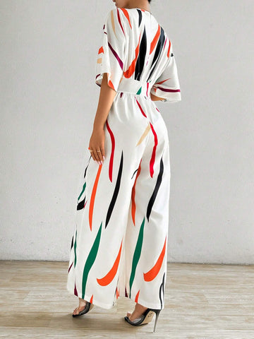 Rainbow Stripe Printed V-Neck Batwing Sleeve Women's Jumpsuit With Wide Leg