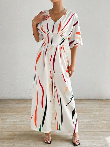 Rainbow Stripe Printed V-Neck Batwing Sleeve Women's Jumpsuit With Wide Leg