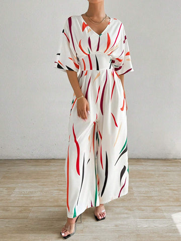 Rainbow Stripe Printed V-Neck Batwing Sleeve Women's Jumpsuit With Wide Leg