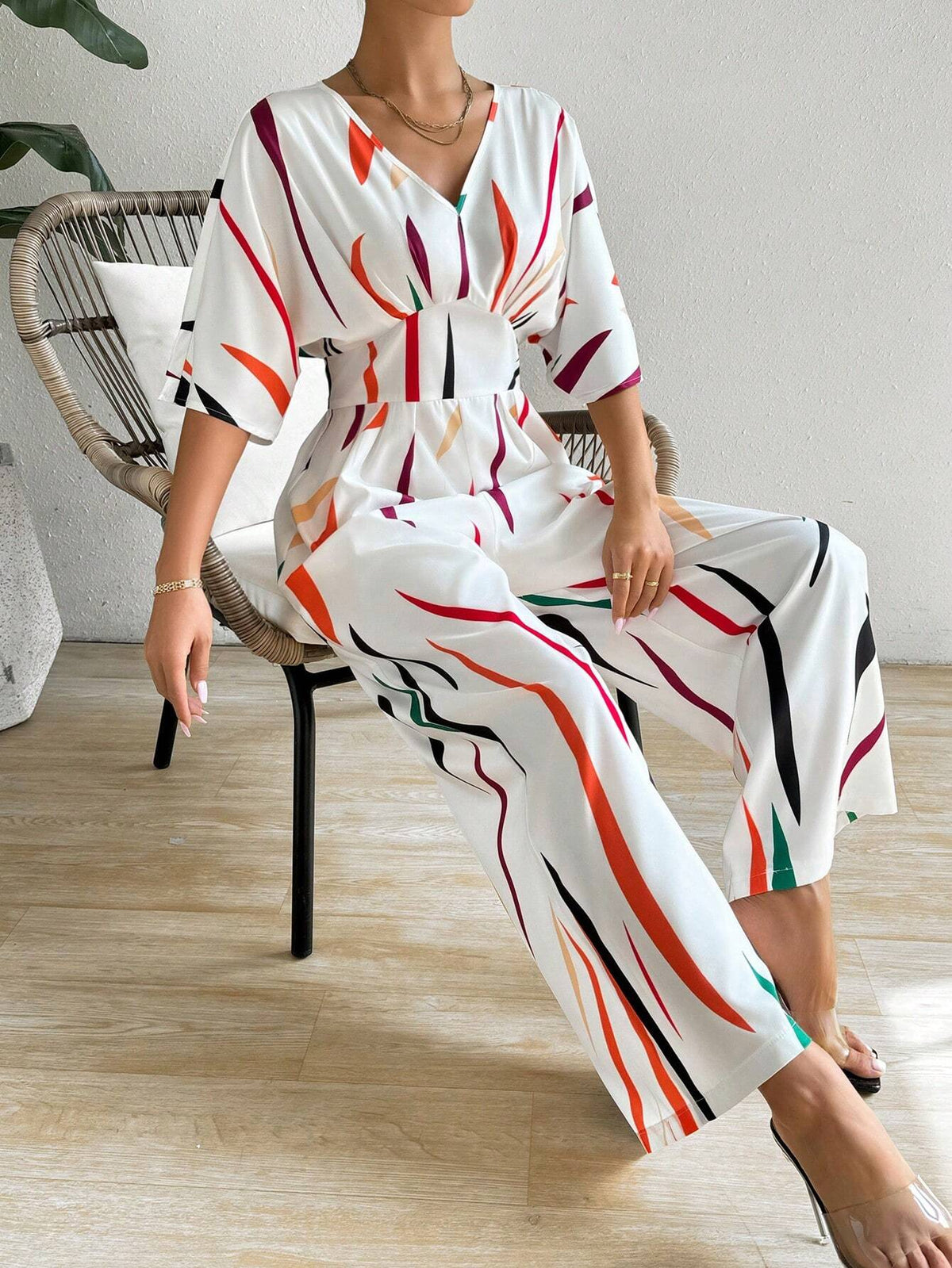 Rainbow Stripe Printed V-Neck Batwing Sleeve Women's Jumpsuit With Wide Leg