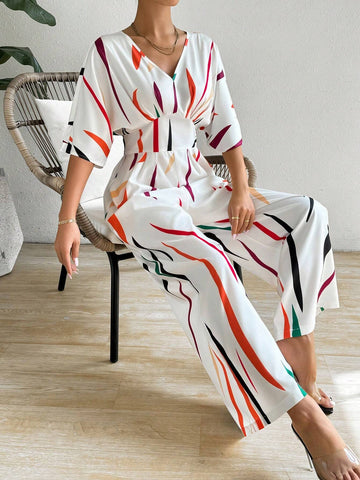Rainbow Stripe Printed V-Neck Batwing Sleeve Women's Jumpsuit With Wide Leg