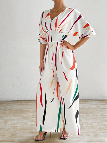 Rainbow Stripe Printed V-Neck Batwing Sleeve Women's Jumpsuit With Wide Leg