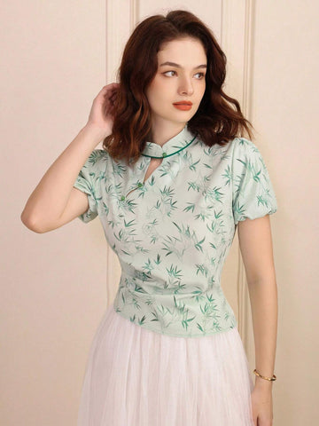 Privé Random Colorblock Bamboo Print Chinese Style Shirt With Qipao Collar, Stand Collar And Puff Sleeves