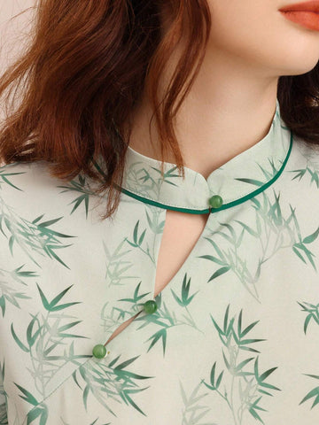 Privé Random Colorblock Bamboo Print Chinese Style Shirt With Qipao Collar, Stand Collar And Puff Sleeves