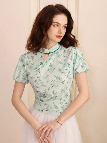 Privé Random Colorblock Bamboo Print Chinese Style Shirt With Qipao Collar, Stand Collar And Puff Sleeves