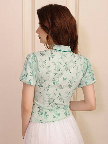 Privé Random Colorblock Bamboo Print Chinese Style Shirt With Qipao Collar, Stand Collar And Puff Sleeves