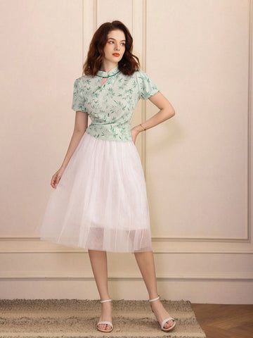 Privé Random Colorblock Bamboo Print Chinese Style Shirt With Qipao Collar, Stand Collar And Puff Sleeves