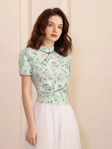 Privé Random Colorblock Bamboo Print Chinese Style Shirt With Qipao Collar, Stand Collar And Puff Sleeves